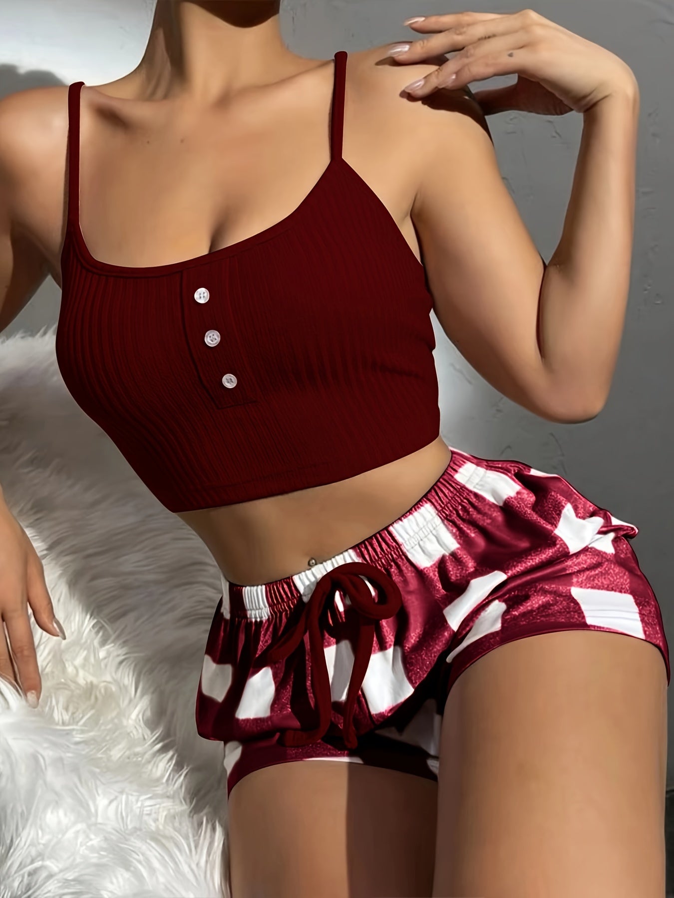 Plaid Print Lounge Set, Casual Ribbed Button Detail Round Neck Crop Cami Top & Drawstring Shorts, Women's Loungewear